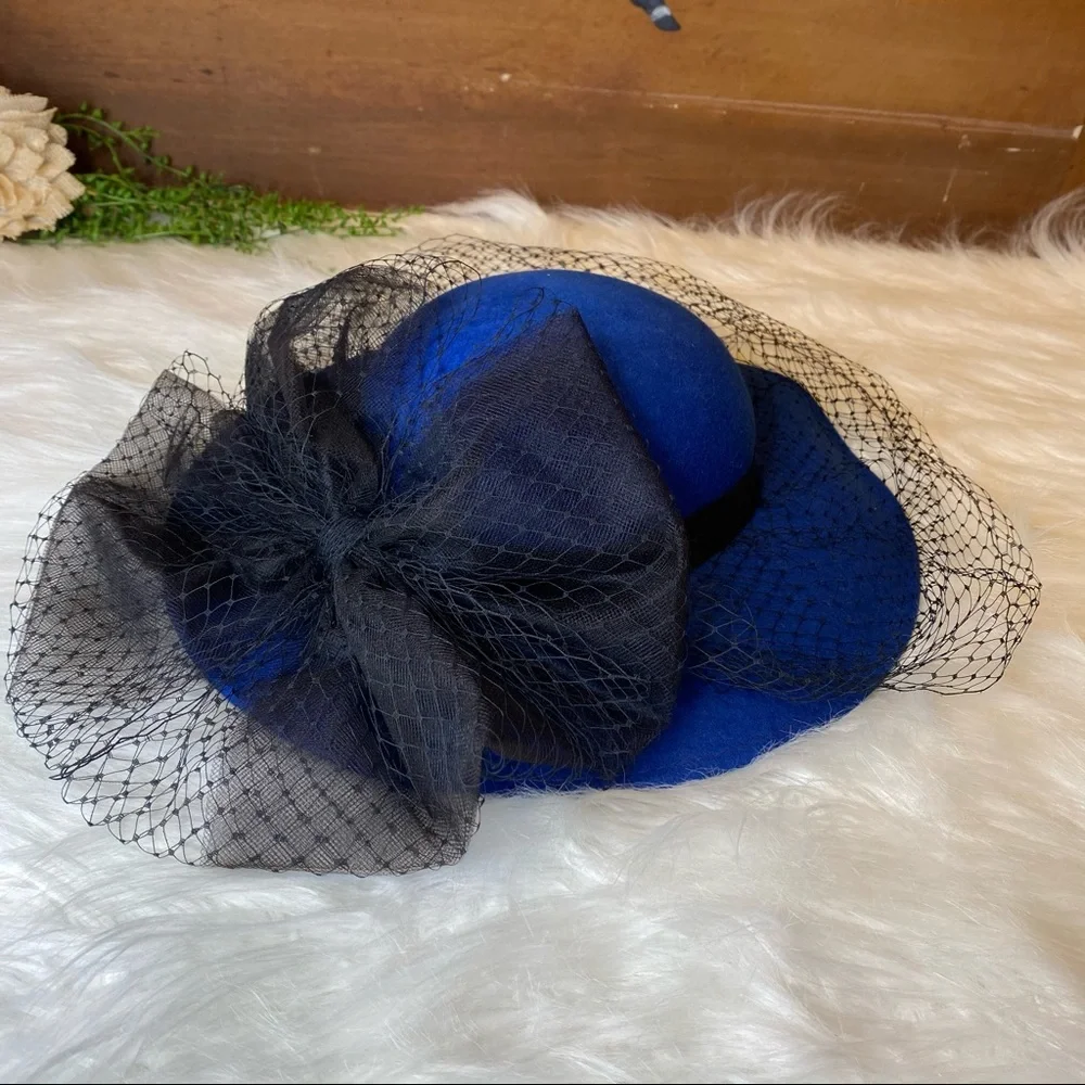 Royal Blue Women's Felt Hat with Black Veil - Picture 9 of 11